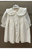 MLKÇ Ekru Fistolu Fırfırlı Bebe Yaka Boydan Düğmeli Uzun Kol Kız Çocuk Elbise 2-5 Yaş 53529