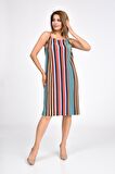 Sıfır Kol Askılı Çizgili Renkli Pilise Kadın Elbise