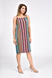Sıfır Kol Askılı Çizgili Renkli Pilise Kadın Elbise