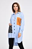 Cepli ve Baskılı Uzun Kollu Bebe Mavi Kadın Gömlek