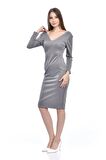 V Yaka Uzun Kollu Gri Kadın Elbise
