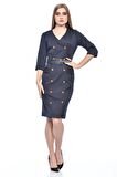 Modkofoni Sıra Düğmeli Kemerli Hardal Çizgili Lacivert Kadın Elbise