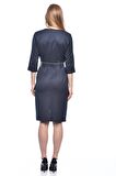 Modkofoni Sıra Düğmeli Kemerli Hardal Çizgili Lacivert Kadın Elbise