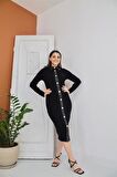 Deri Detaylı Elbise - Siyah