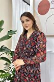 Desenli Şifon Elbise - Kırmızı