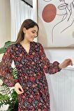 Desenli Şifon Elbise - Kırmızı