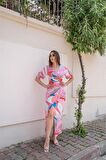 Desenli Yırtmaçlı Elbise - Pembe