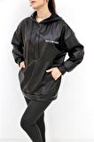 Kapüşonlu Yazı Baskılı Deri Sweatshirt - Siyah