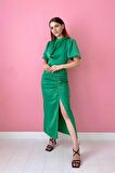 Büzgülü Saten Elbise - Yosun Yeşili