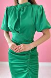 Büzgülü Saten Elbise - Yosun Yeşili