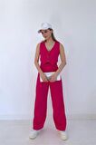Önü Düğmeli Yelek ve Pantolon Takım - Fuşya