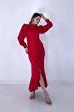 Volanlı Uzun Kol Elbise - Kırmızı