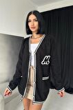 Şeritli Bukle Hırka - Siyah