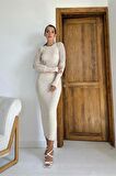 Kolları Örgülü Triko Elbise - Taş