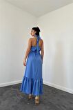 Halter Yaka Örgülü Elbise - Mavi