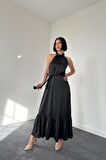 Halter Yaka Örgülü Elbise - Siyah