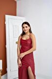 Sırt Dekolteli Deri Elbise - Bordo
