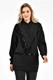 Kapüşonlu ve Siyah Pullu Sweatshirt - Siyah