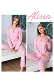Pembe Çizgili Onden Dugmeli Pijama Takımı