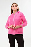 Peluş Kapüşonlu Pembe Mont