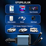 Embatech 66W Dahili Çekilebilir Kablolu Type-C + Lightning Hızlı Araç Çakmaklık Şarj Aleti