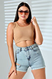Kadın Askılı Örme Crop Bluz