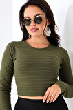 Çizgili Likralı Simit Yaka Kollu Crop