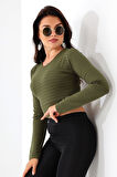 Çizgili Likralı Simit Yaka Kollu Crop