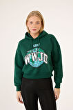 Kadın Kapüşonlu Baskılı Crop Sweatshirt