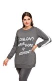 Fierte Kadın Büyük Beden Bluz Lm43030 Yuvarlak Yaka Uzun Kol Sweatshirt Yan Fermuarlı Yırtmaç Detay Antrasit Siyah