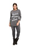Fierte Kadın Büyük Beden Bluz Lm43030 Yuvarlak Yaka Uzun Kol Sweatshirt Yan Fermuarlı Yırtmaç Detay Antrasit Siyah