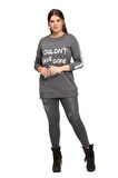 Fierte Kadın Büyük Beden Bluz Lm43030 Yuvarlak Yaka Uzun Kol Sweatshirt Yan Fermuarlı Yırtmaç Detay Antrasit Siyah