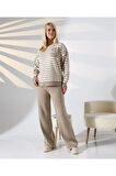 Cep Detaylı Çizgili Triko Takım