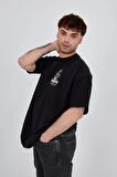 Unisex Overisize Baskılı Siyah Tişört