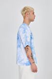 Erkek  Oversize  Nakışlı Mavi Yıkamalı Tshirt