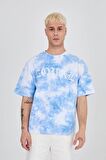 Erkek  Oversize  Nakışlı Mavi Yıkamalı Tshirt