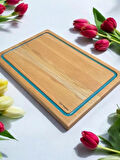 F&S WoodArt Meşe - Ahşap 39 Cm Turkuaz Epoksi Dolgu Oluklu Kesme Tahtası Sunumluk