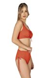 Endeep Kadın Büyük Beden Balenli Destekli Bağlama Detaylı Turuncu Bikini Takımı