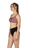 Endeep Kadın Büyük Beden Balenli Destekli Bağlama Detaylı Kırmızı Desenli Bikini Takımı