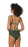 Endeep Kadın Yeşil Yaprak Desenli Parıltılı Yüksek Bel Bikini Takımı