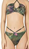 Endeep Kadın Yeşil Yaprak Desenli Parıltılı Tünelli Bikini Takımı