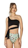 Endeep Kadın Yüksek Bel Yan Bağlama Detaylı Yeşil Desenli Bikini Takımı