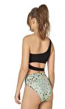 Endeep Kadın Yüksek Bel Yan Bağlama Detaylı Yeşil Desenli Bikini Takımı