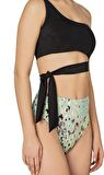 Endeep Kadın Yüksek Bel Yan Bağlama Detaylı Yeşil Desenli Bikini Takımı
