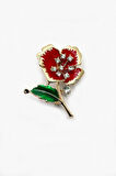 Altın Ve Kırmızı Renkli Taşlı Çiçek Broş