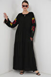 EQURİ Nakışlı Uzun Elbise 2534 - Siyah
