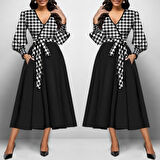 EQURİ Kadın Uzun Kollu Kruvaze Yaka Dalgıç Krep Midi Boy Elbise