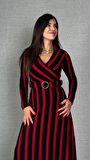 EQURİ Kadın Uzun Kollu Kruvaze Yaka Kemer Dahil çizgili Triko Elbise