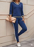 EQURİ Kadın Uzun Kollu V Yakalı Ribanalı Viskon Iki Iplik Bluz Ve Pantolon Ikili Takım