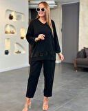 EQURİ Kadın Uzun Kollu V Yakalı Pulpayet Viskon Iki Iplik Bluz Ve Pantolon Takım